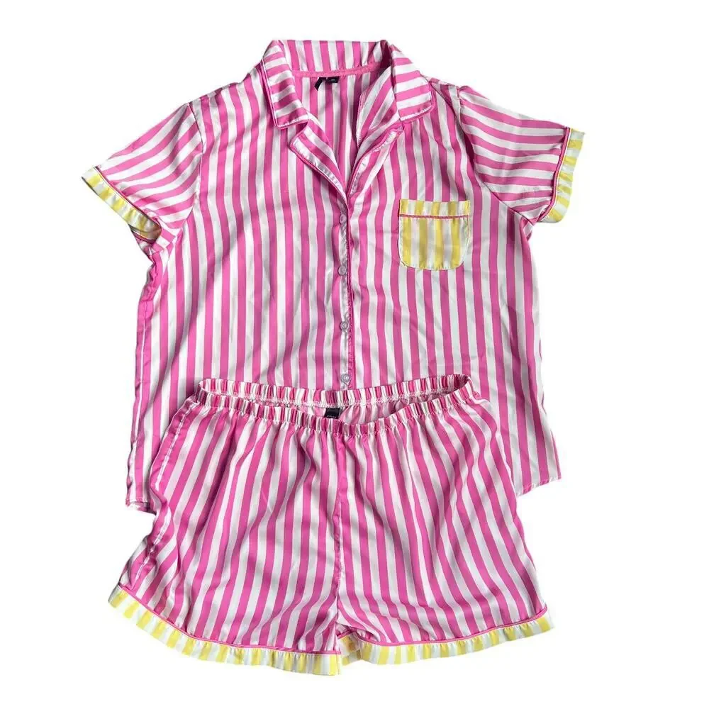 Kensie Pink & White Striped Button Pajama Shorts Set XL - Picture 1 of 12